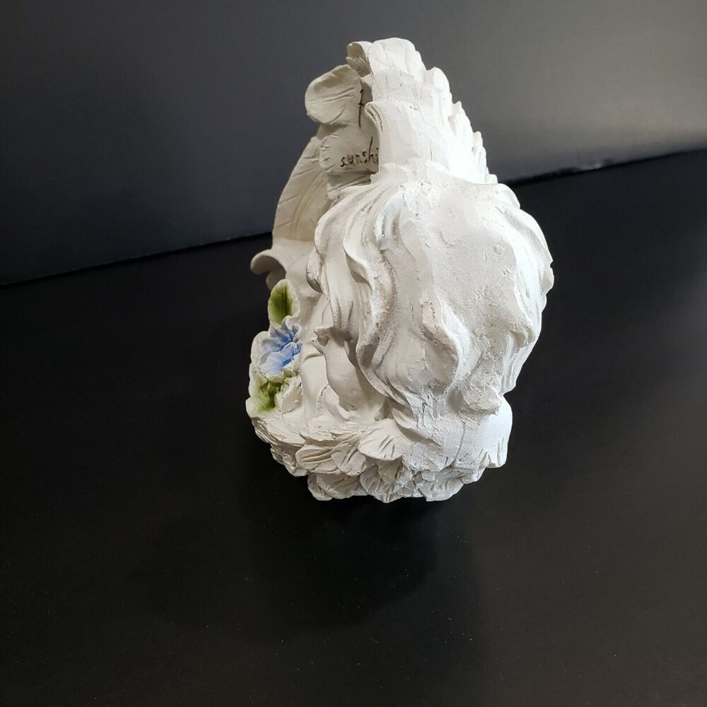 Set Of 2 White Sleeping Angel Cherub Figurines Wings Blue Flowers Friend Gift - Picture 6 of 9